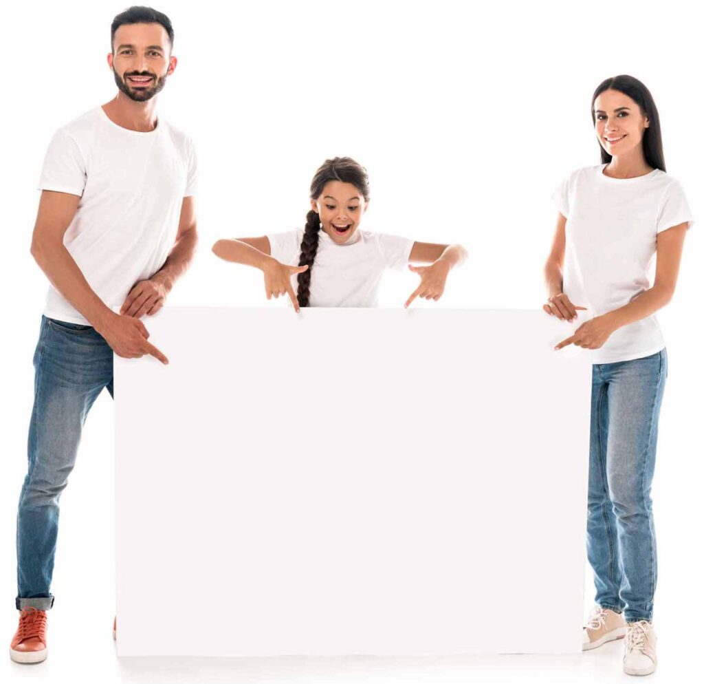 happy parents and kid pointing with fingers at sample of insurance options: car, house, motorcycle, church, and condo