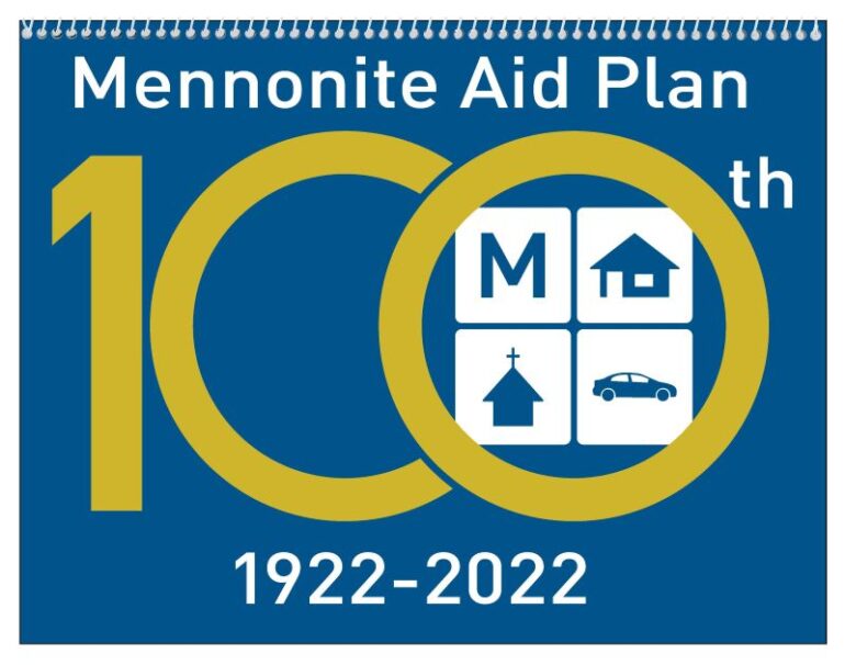 a blue background with the words Mennonite Aid Plan 100th 1922-2022