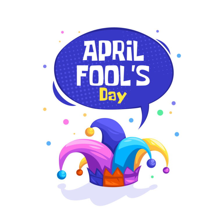 A jesters hat with a speech bubble above it saying "April Fool's Day"