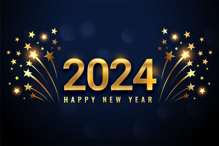 "2024 Happy New Year" text with a blue background and gold sparkles