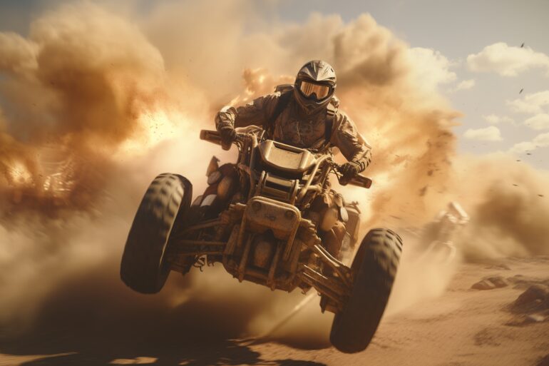 A man riding an ATV through sand, the ATV is causing a dust cloud behind him.